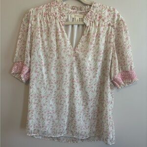 White Pink Floral V-Neck Short Sleeve Blouse